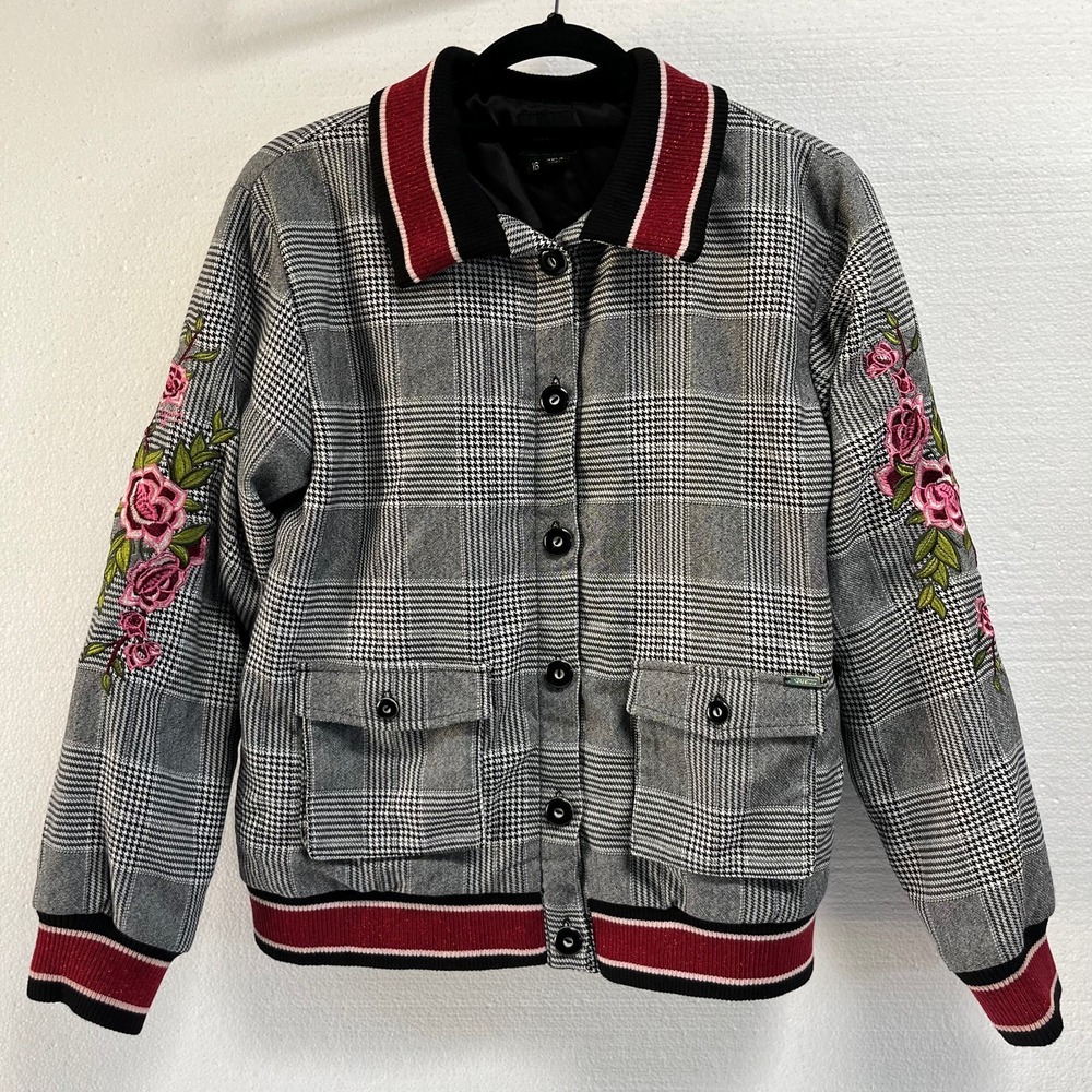 Guess LA Black White Plaid Button Bomber Jacket Size Large 16‎ Letterman Y2K